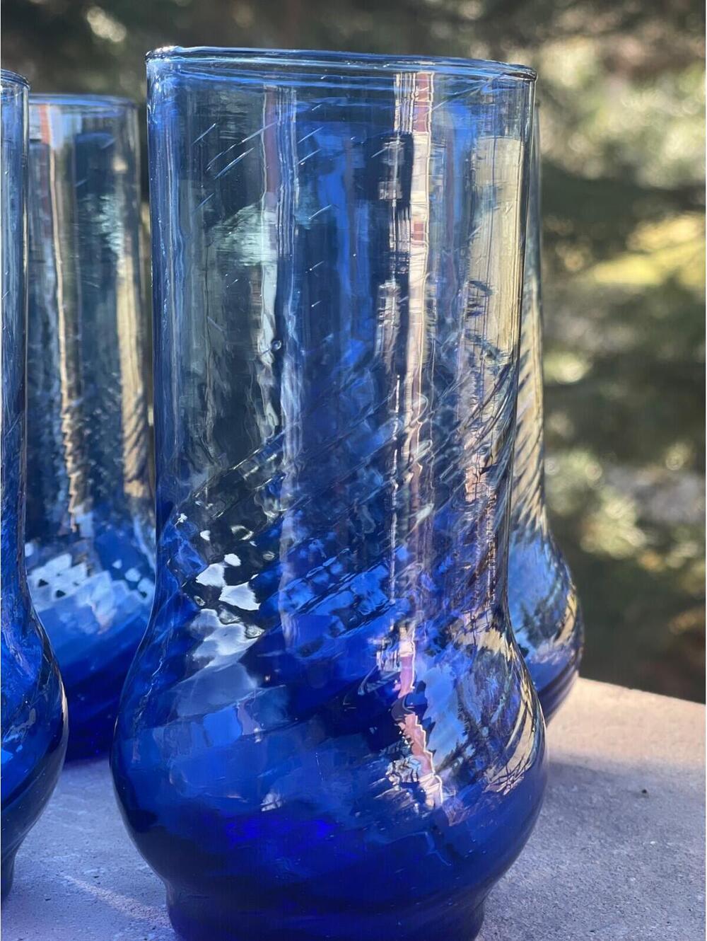 Vintage Cobalt Blue Set Of 5 Hand blown Swirl Glasses Tumblers
